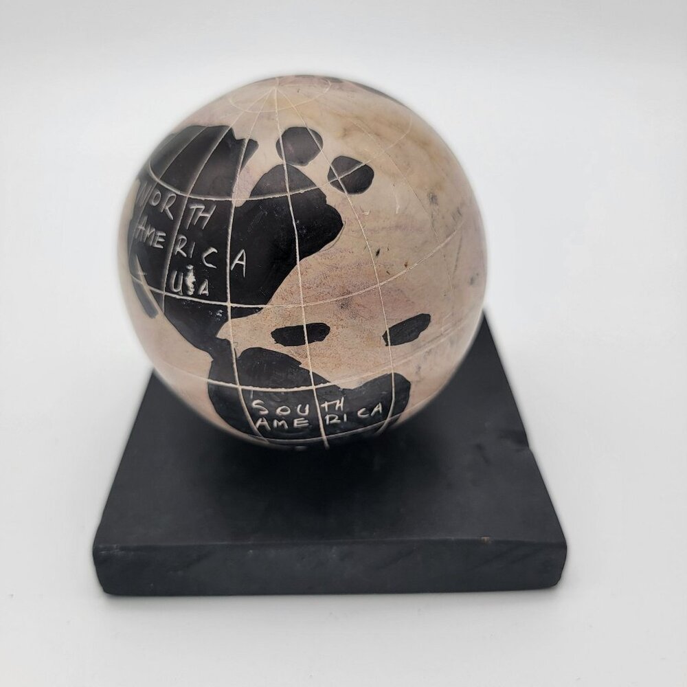 Hand-Carved Soapstone Globe World Map Paperweight - Picture 3 of 6